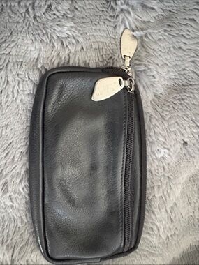 Black Leather Zip Wallet Pouch with Silver Hardware